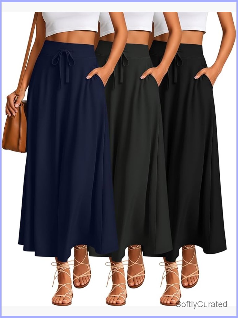 3 Pack Maxi Skirts With Pockets A-Line Drawstring Ankle Length Flowy Casual